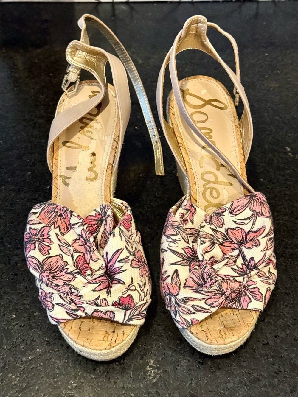 Sam Edelman Floral Knot Espadrille Cork Wedge Ankle Strap Sandals 7.5